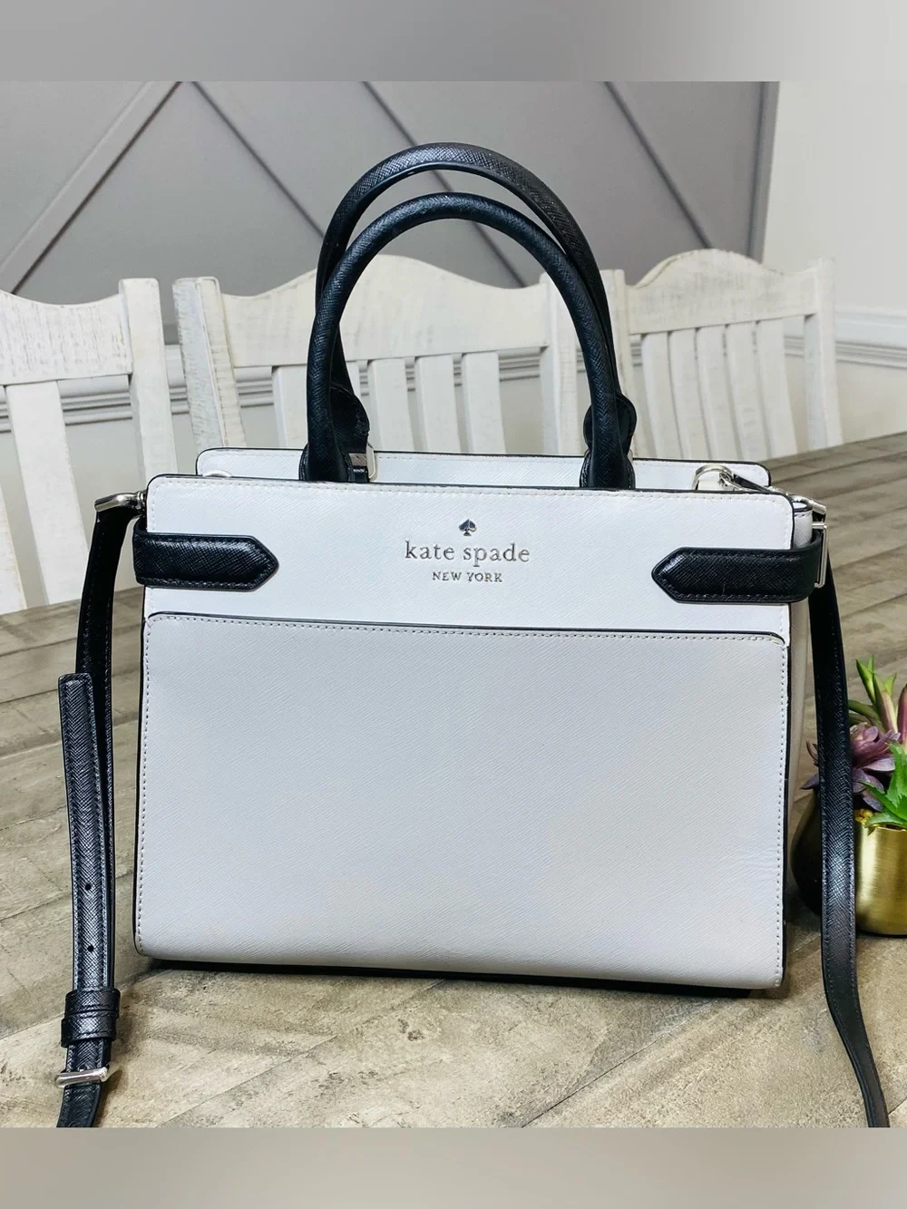 Kate Spade New York Staci Medium Satchel Bag Purse - Gray White Colorblock Rare - Picture 1 of 9